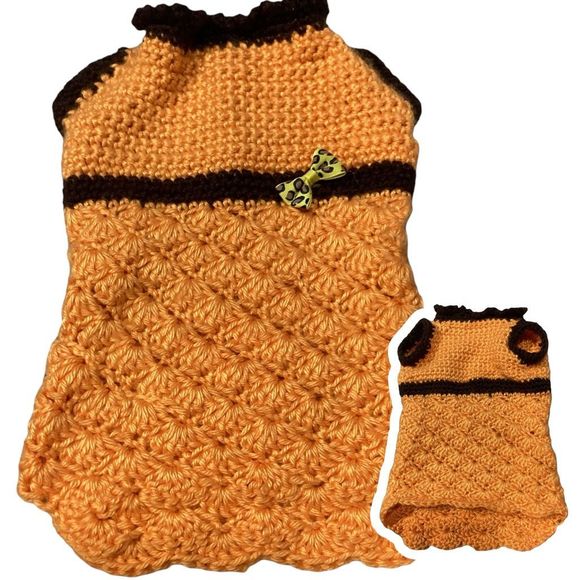 Hand Knitted Other - Hand Knit Crocheted Orange & Brown Dog Sweater Size Mediumish